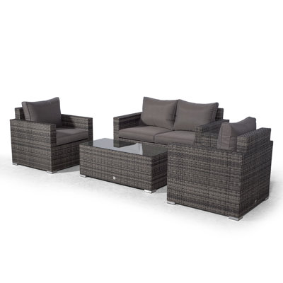 Villatoro Grey Rattan 2 Seat Sofa + 2 X Armchairs & Rectangle Coffee Table, Outdoor Patio Garden Furniture