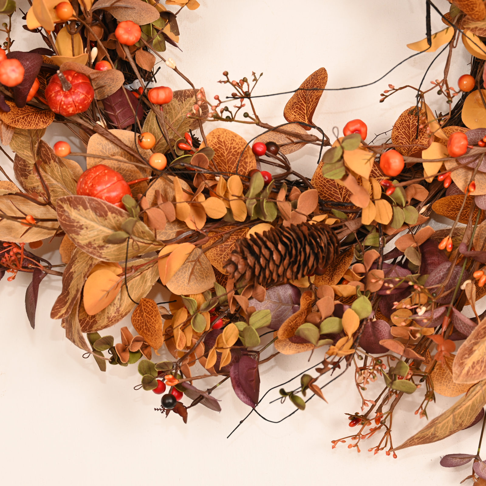 26" Artificial Fall Wreath with Mini Pumpkins, Pinecones and Mixed Eucalyptus, Farmhouse Harvest Thanksgiving Front Door Wreath