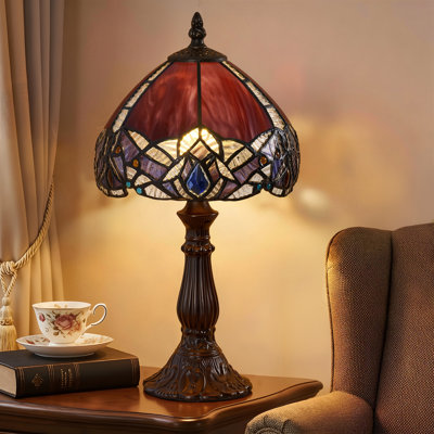 Vintage Tiffany Table Lamp With LED Bulb, Handcrafted Stained Glass Lighting For Home Office Study