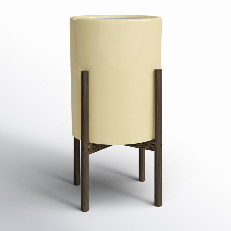  Ceramic/Wood Pot Planter, Crème / noyer foncé