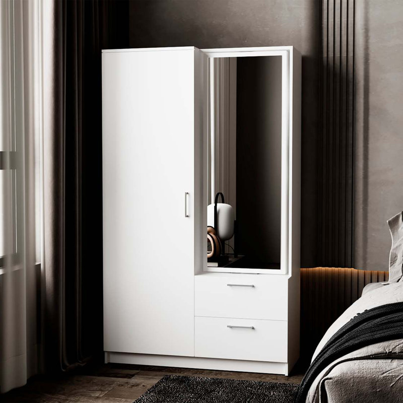Armoire blanche avec rangement ouvert et 2 tiroirs