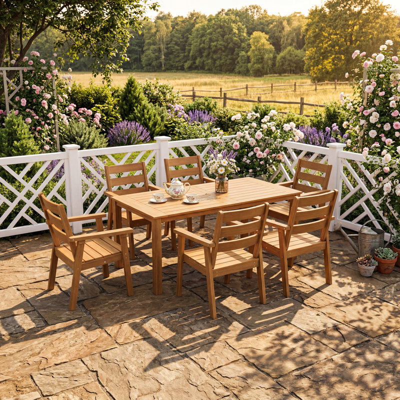 Ensemble de table de salle à manger en PEHD pour 6 à 8 personnes - Mobilier de patio toutes saisons avec trou pour parasol et finition aspect bois