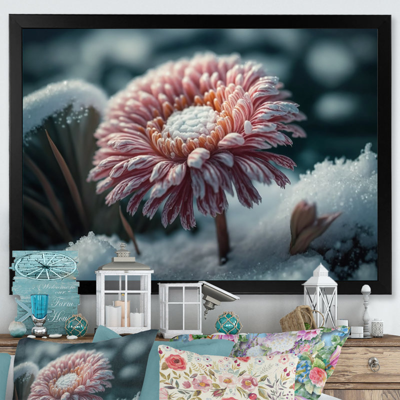 Une fleur de gerbera rose en hiver I - Impression sur toile, Toile encadrée noire à coins fermés, H 12 po x l 20 po x P 1 po