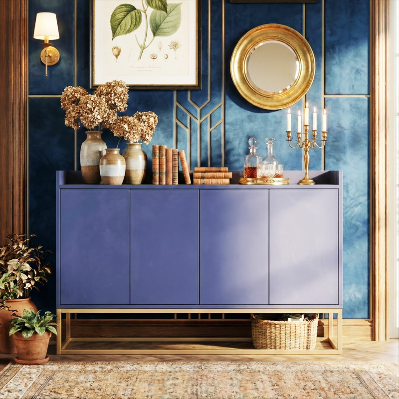 120CM Modern 4-Door Sideboard With Gold Metal Legs, Handle-Free Push-To-Open Buffet Cabinet With Raised Top Edge, Navy