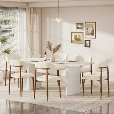 63'' Wide Rectangle Farmhouse Dining Set, Wooden Dining Table with Linen Upholstery Dining Chair for 4-6 for Small Space