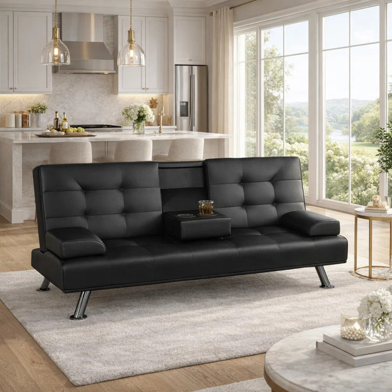 66" Click-Clack Convertible Sofa Bed with Cup Holder Table, Compact PU Leather Futon Couch for Small Spaces, Black, Black