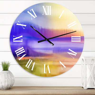 Paysage peint à la main avec coucher de soleil jaune et mauve - horloge murale traditionnelle