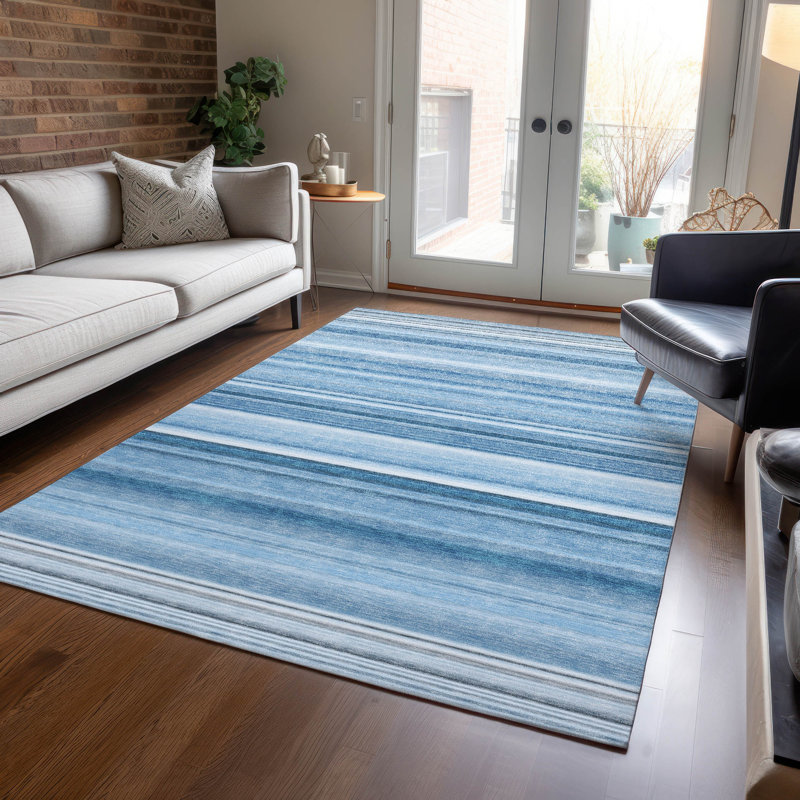 Tapis intérieur / extérieur bleu en polyester tissé à la machine Kinslee, Rectangle 3 pi x 5 pi