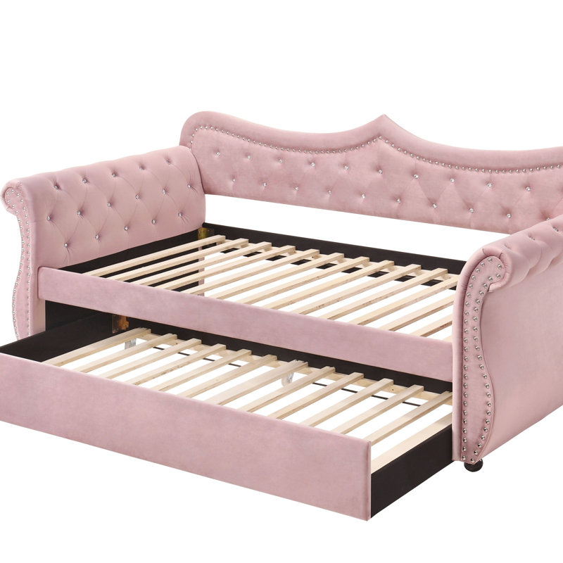 Lit de jour en lin Adkins avec lit gigogne (simple) (lit de jour), Rose
