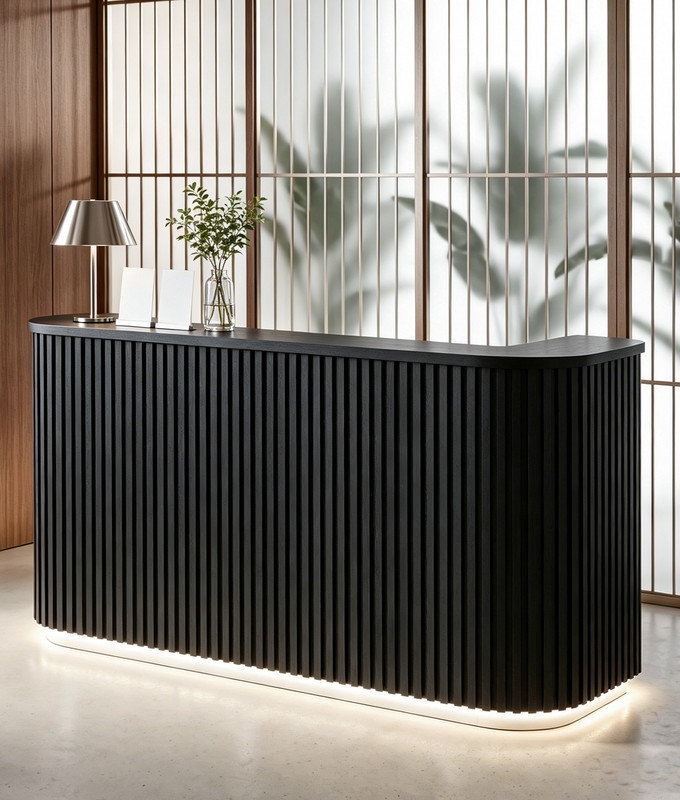 Comptoir de réception moderne à DEL noir moderne 70,9 po avec prise de courant intégrée et USB-C, bureau de réception à lattes entièrement assemblé pour le bureau, la vente au détail et le studio
