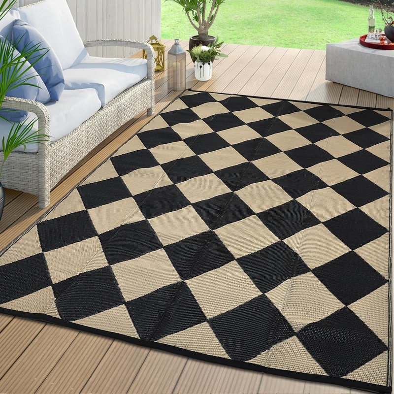 Tapis d'extérieur imperméable et réversible en plastique pour terrasse de camping, Noir/crème, Tapis de couloir 9 pi x 18 pi
