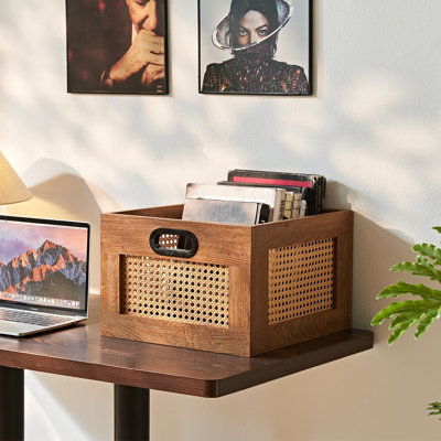 Rattan Vinyl Record Storage Crate with Cube Design, Holds 75+ Albums & Magazine Organizer