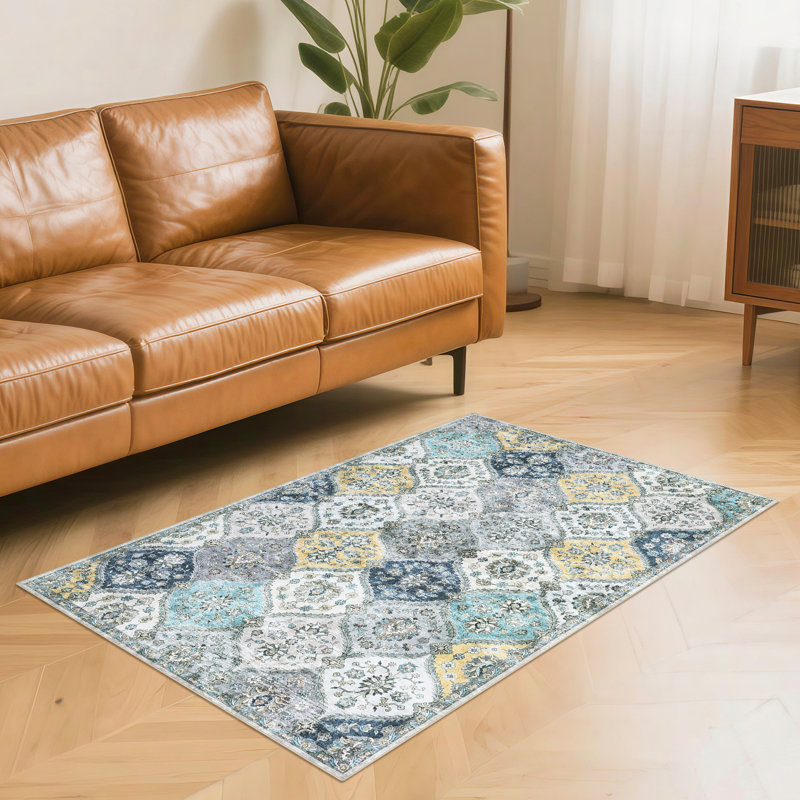 Rectangle Floral Washable Area Rug, Yellow, Rectangle 80 x 150 cm