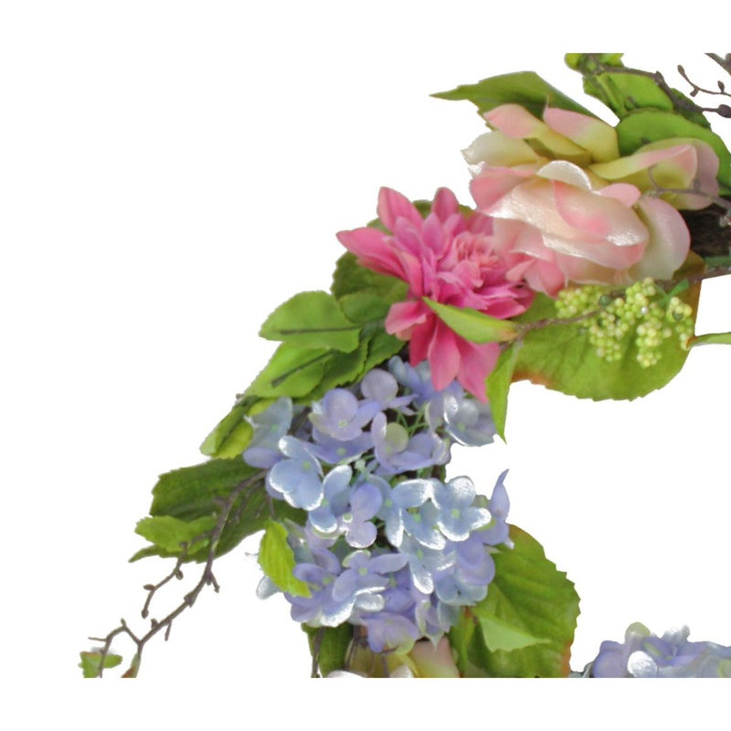Couronne de fleurs d'hortensia et de roses artificielles bleues 24 po