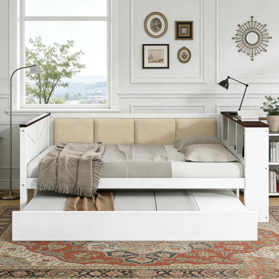 Full Size Wood Daybed with Storage Shelves, Upholstered Backrest,USB and Trundle, White