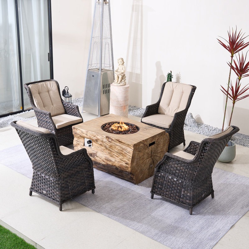 Ensemble de conversation d'extérieur 4 personnes avec table de foyer Nouriah, Beige, Brun