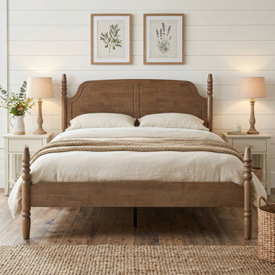 Elorien Queen Size Modern Farmhouse Solid Wood Platform Bed Frame, ERB-46-Q, with Turned Spindle & Panel Headboard, Chestnut Brown, No Box Spring Needed