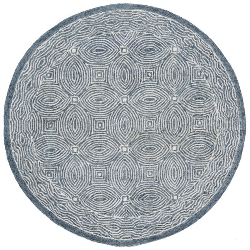 Micro-Loop 928 Hand Tufted Wool; Cotton Geometric Rug in Navy/Ivory, Round 6'