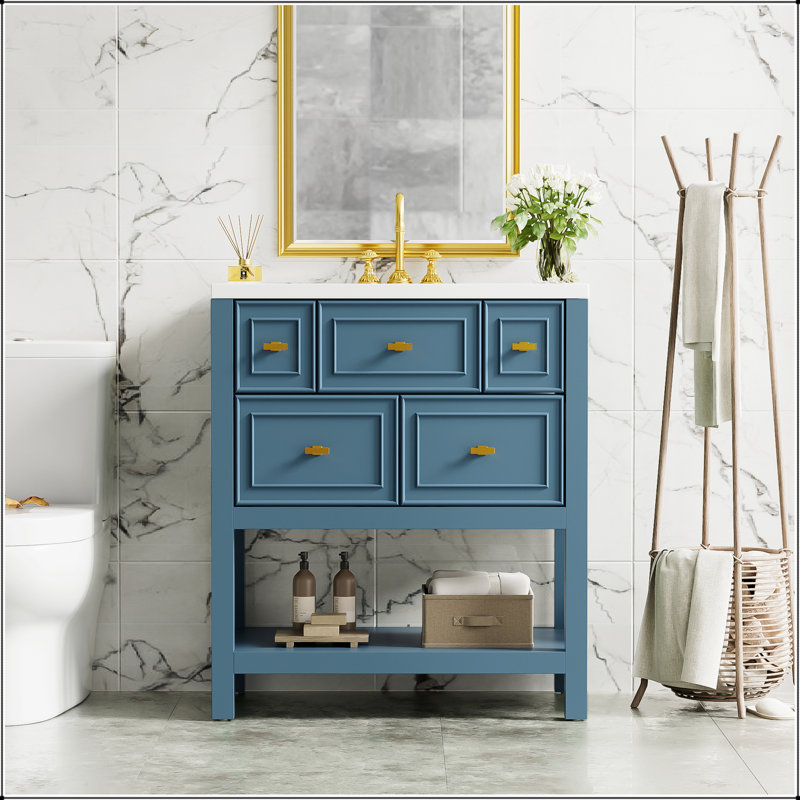 Meuble-lavabo 30 po avec lavabo en céramique, 5 tiroirs, structure en bois massif, solution de rangement moderne pour salle de bain contemporaine