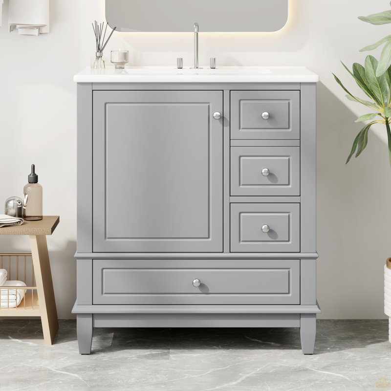 Meuble-lavabo 30 po avec lavabo, une porte avec tablette et trois tiroirs, porte à fermeture en douceur, Gris