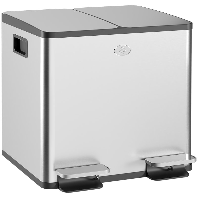 Poubelle double, poubelle 2 x 15 litres avec couvercle à fermeture douce, Argent