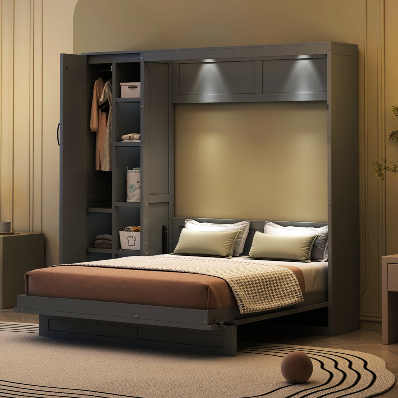 Lit double mural gris avec tablettes, garde-robe et lumières à DEL, lattes flexibles pour le corps