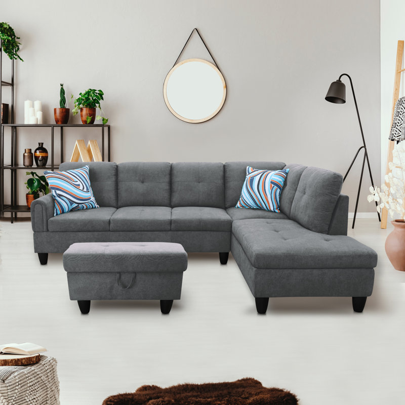 Gonen Upholstered L-Shaped Sectional, Right Hand Facing, Gray Velvet/Linen Blend