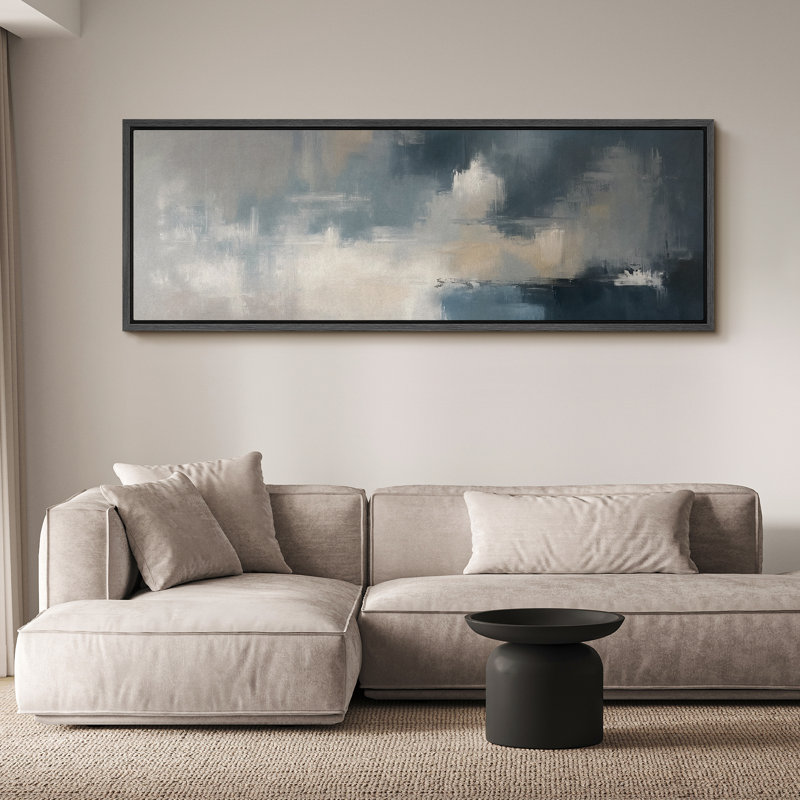 Blue and Grey Abstract Landscape Large Framed Canvas Print Wall Art for Modern Decor, 20" H x 60" W, Black