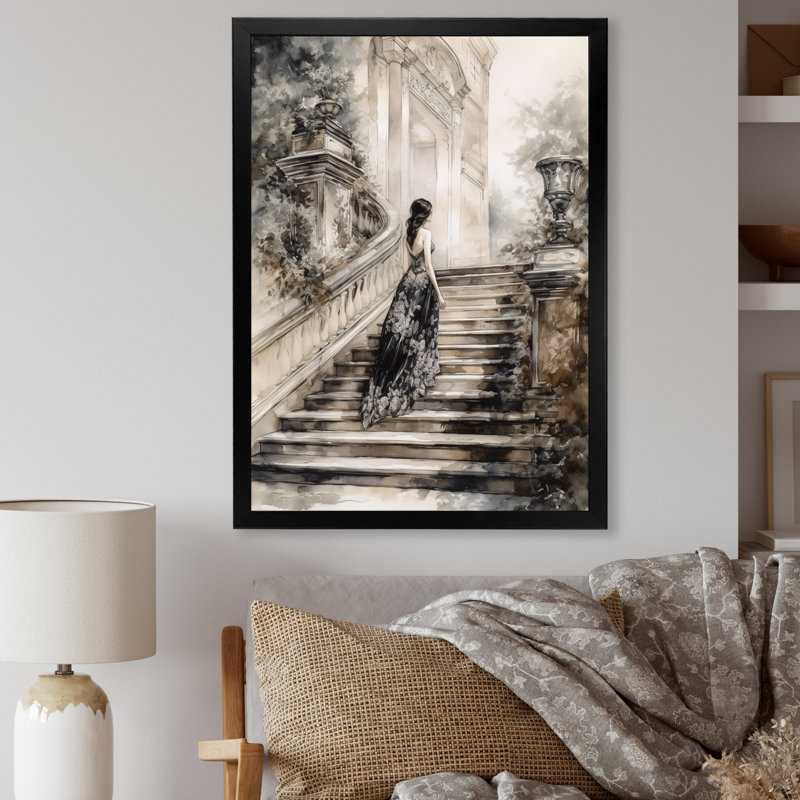 Impression sur toile, "Elegant Woman Walking Down Stairs IV", Cadre photo noir, H 32 po x l 16 po x P 1 po
