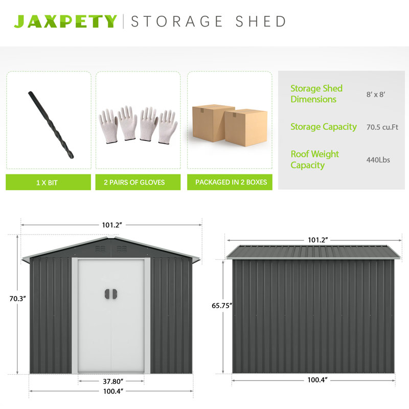 Gray 8' x 8' Metal Outdoor Storage Shed with Lockable Doors