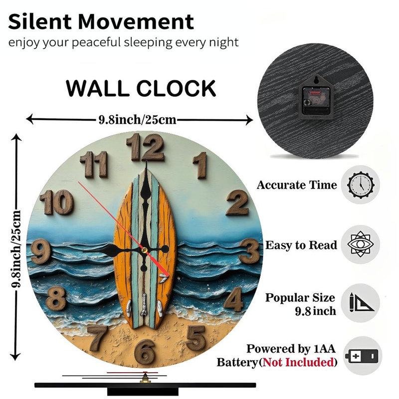 Horloge murale planche de surf océan