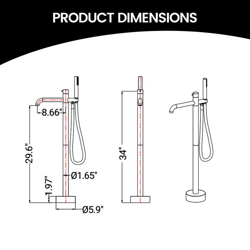 Robinet de baignoire à fixation au sol en acier inoxydable H 34 po 34 po avec douche à main, Nickel brossé