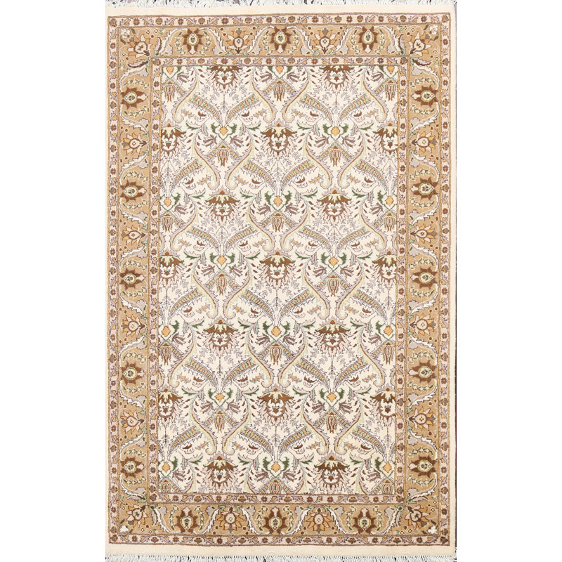 Tapis ivoire noué à la main de conception unique 3 pi 11 po x 6 pi 1 po