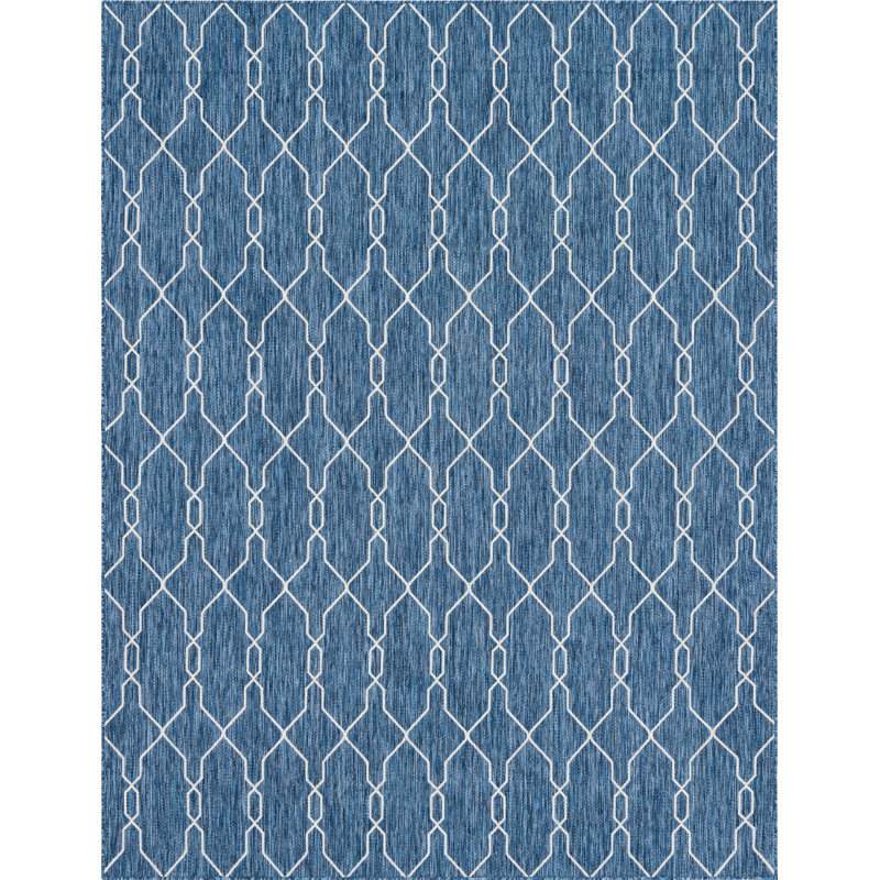 Tapis intérieur / extérieur bleu marine / ivoire à motif géométrique Heathcliff, Rectangle 9 pi x 12 pi
