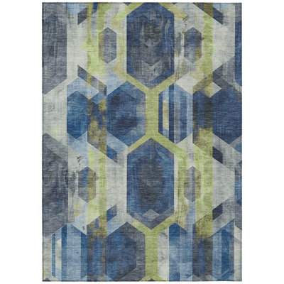 3' X 5' Navy Blue Gold And Silver Geometric Washable Indoor Outdoor Area Rug