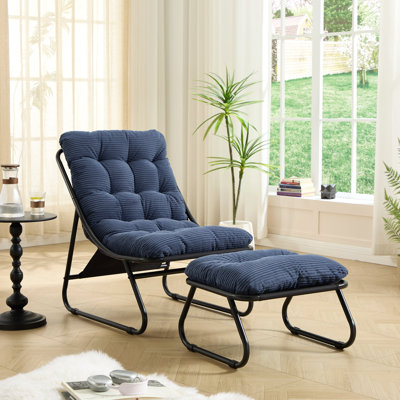 Patio Outdoor Lounge Chair With Ottoman, Comfy Sling Recliner Chair With Puffy Cushion And Foot Stool, Ideal For Living Room, Bedroom, Reading Room