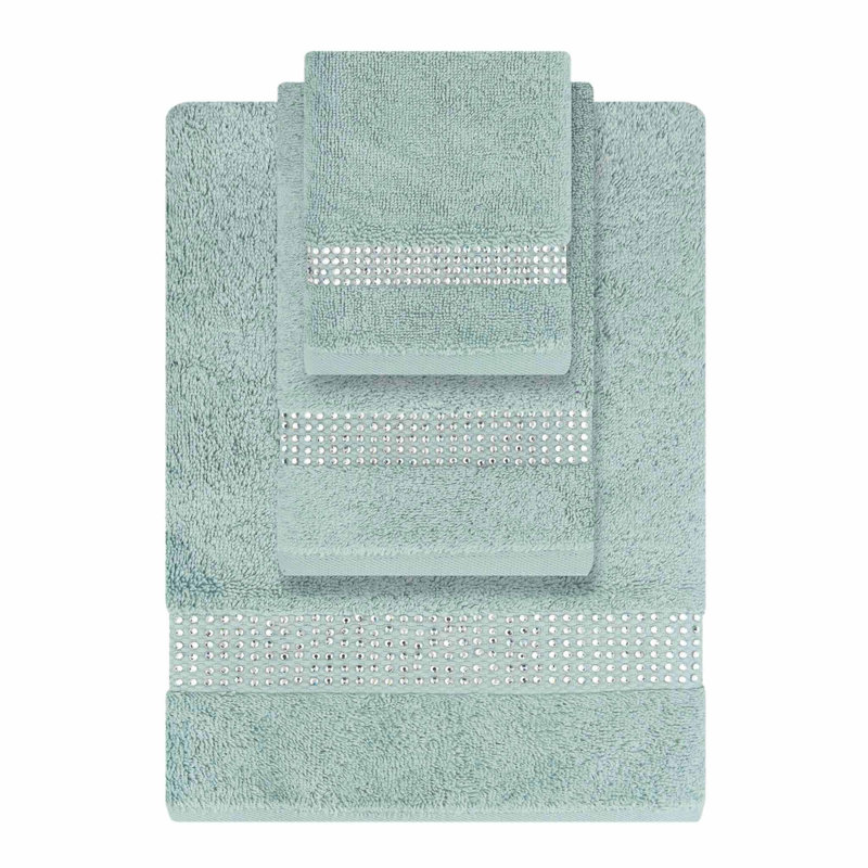 Sparkles Home | 3 Piece Cotton Towel Set | Rhinestone Stripe | Elegant Bathroom Decor, Aqua Blue