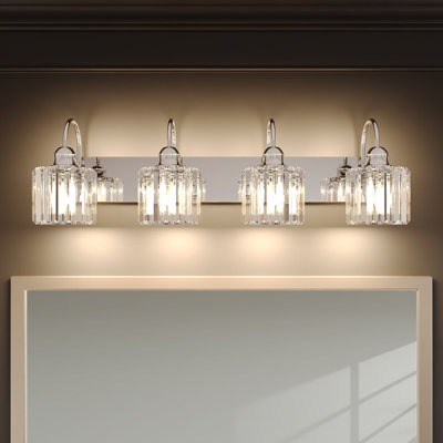 4-Light Bathroom Vanity Light with Fluted Clear Glass Shades, Chrome Wall Mounted Bathroom Lighting Fixture