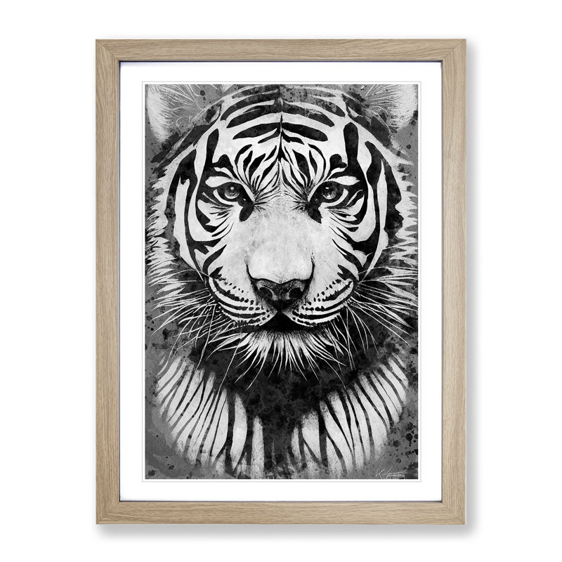 Monochrome Tiger No.5 - Framed Print, 34cm H x 25cm W x 2cm D, Oak