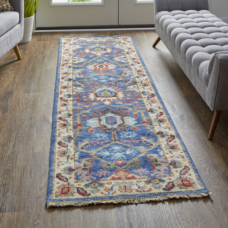 Beall Wool Oriental Area Rug in Blue, Runner 2'6" x 8'
