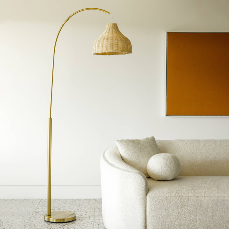 Lark 75 in. Weighted Base LED Arched Standing Floor Lamp with Boho Rattan Shade, Brass