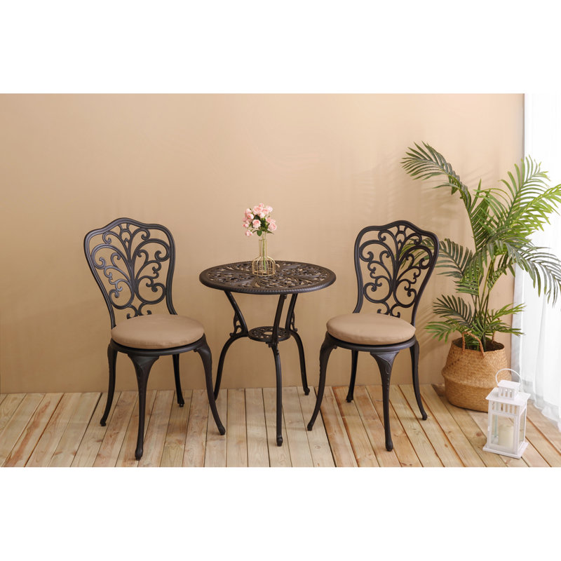 Ensemble bistro 3 pièces d'extérieur en fonte d'aluminium avec coussin