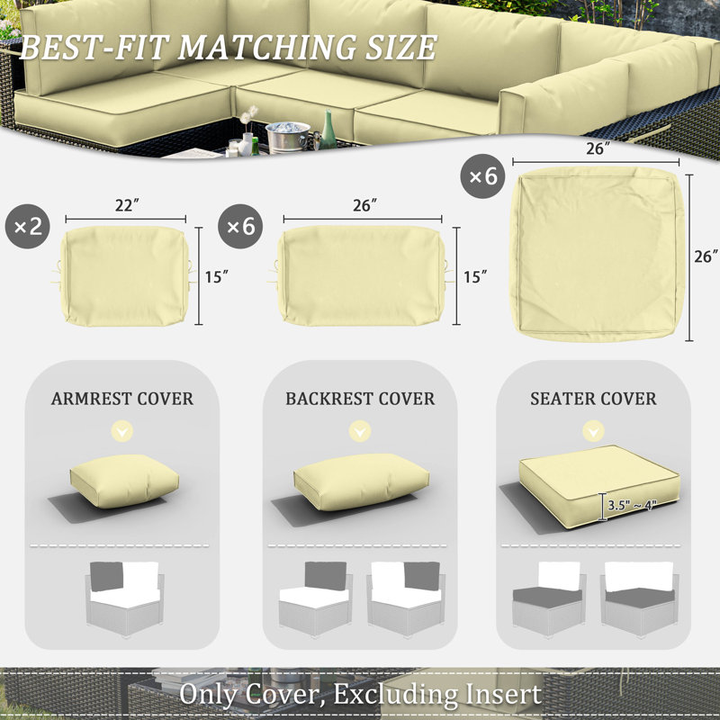 Cartert 14 Pcs Outdoor Cushion Cover Set For 4" Outdoor Cushions Patio Furniture Cushion Covers, Covers Only, Light Yellow