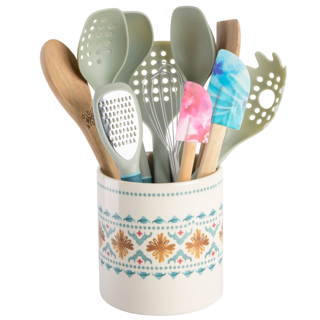 Spice By Tia Mowry Savory Saffron 12 Piece Wood And Nylon Kitchen Tool Set With Ceramic Crock Spice by Tia Mowry