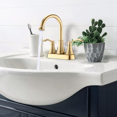 4 Inches Bathroom Sink Tap - Brushed Gold, 360 Swivel Spout With Pop Up Drain, Metal Build, , , Rust-, Water Saving, Ceramic Disc, Elegant Double Handles, 1.8 Gallons Per Minute Flow Rate Gold