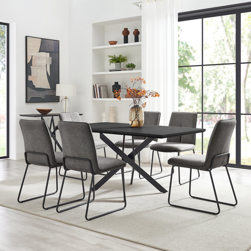Aminata Veneer & Metal Round Dining Table With Eubanks Fabric Chairs - Modern Statement Design, Dark Grey, 6