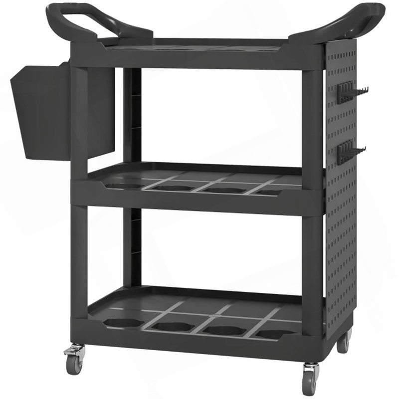 Capacité chariot en plastique avec tablette latérale et seau de rangement, chariot à outils à 3 niveaux