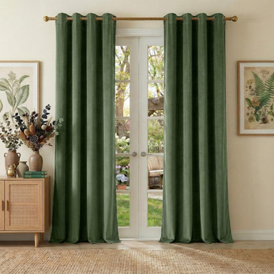 NICETOWN 100% Blackout Olive Green Velvet Curtains 90 inch Long for Bedroom, Energy Saving Window Treatment for Living Room Elegant Drapes Grommet Top, W52 x L90, 2 Panels