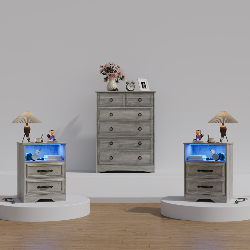 Ensemble de commode de chambre 3 pièces - Grande commode 6 tiroirs et deux tables de chevet 2 tiroirs avec station de charge, gris délavé