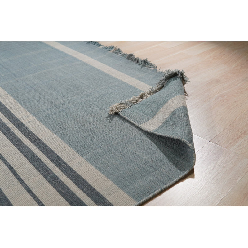 Hand-Knotted Wool Serene Blue Stripes Geometric Modern Contemporary Carpet Rug, 7'9 x 9'9